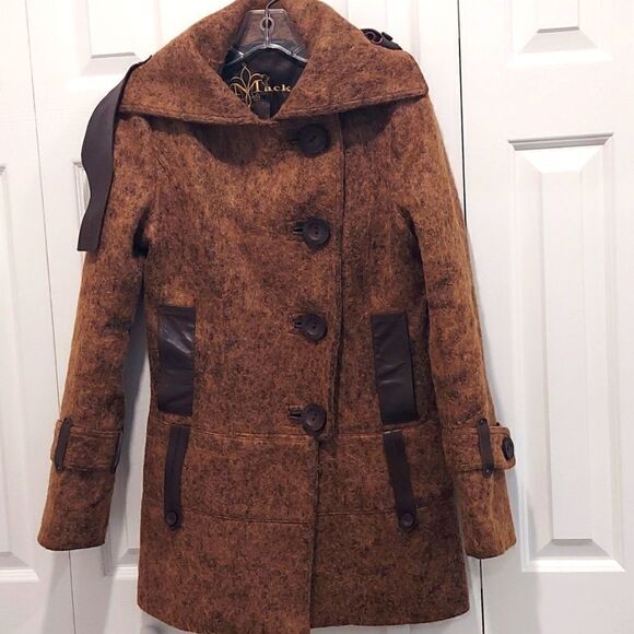 Mackage Twiggy Brown Cashmere Mohair Blend Leather Trim Coat Sz S - Picture 4 of 13